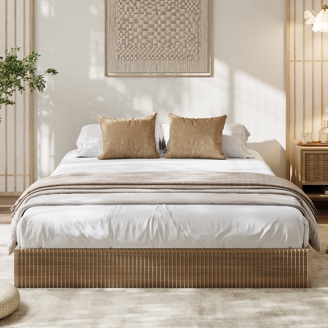 Queen Size Bed Frame, Wood Platform Bed, Fluted Bed Frame, Minimalist Bed Base with Low Profile Design, Noise-Free, Easy Assembly, No Box Spring Needed, Walnut