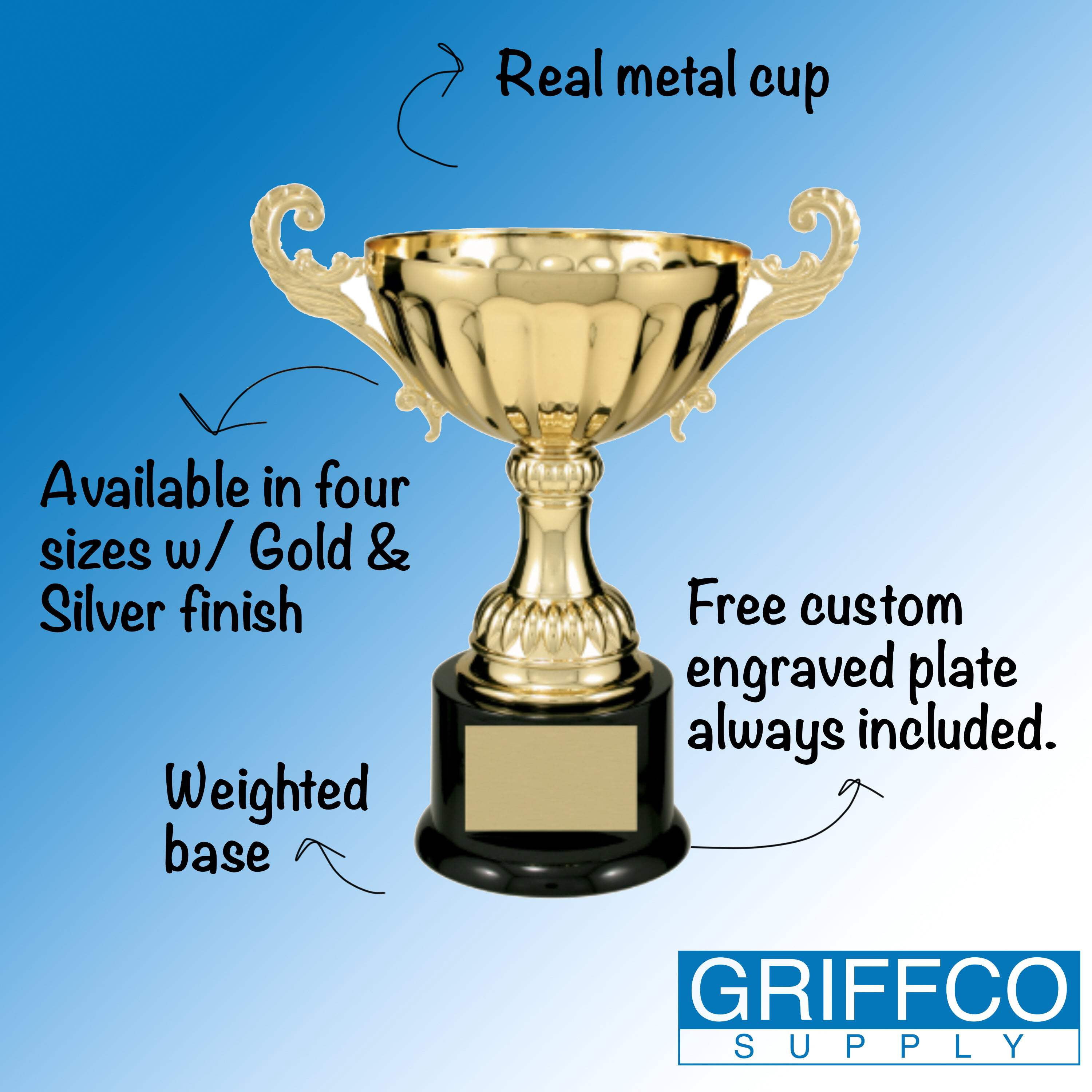 Real Metal Cup Trophy in Gold or Silver Trophy Award, Engraved Corporate Trophy Cup Award - Available in 4 Sizes Free Engraved Plate Included