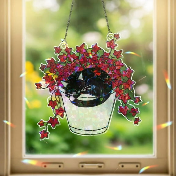 ViciArt Black Cat Stained Glass Suncatcher, Red Ivy Hanging Planter Ornament, Whimsical Window Decor, Rainbow Refraction Art for Sunlit Spaces
