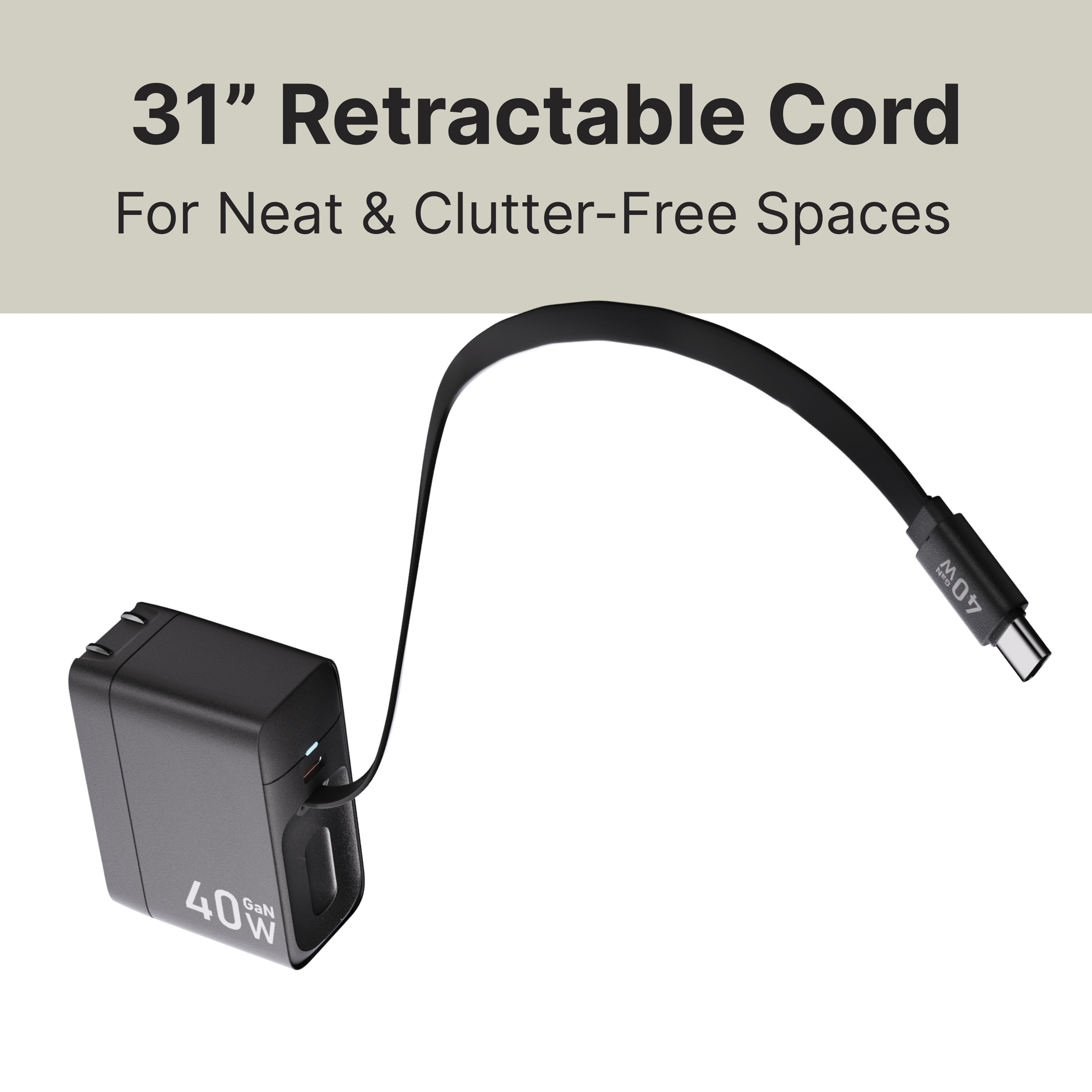 It's Just Smart Retractable Wall Charger, 40W Compact Plug, Built-in Type-C, Portable, iPhone, Samsung, Pixel