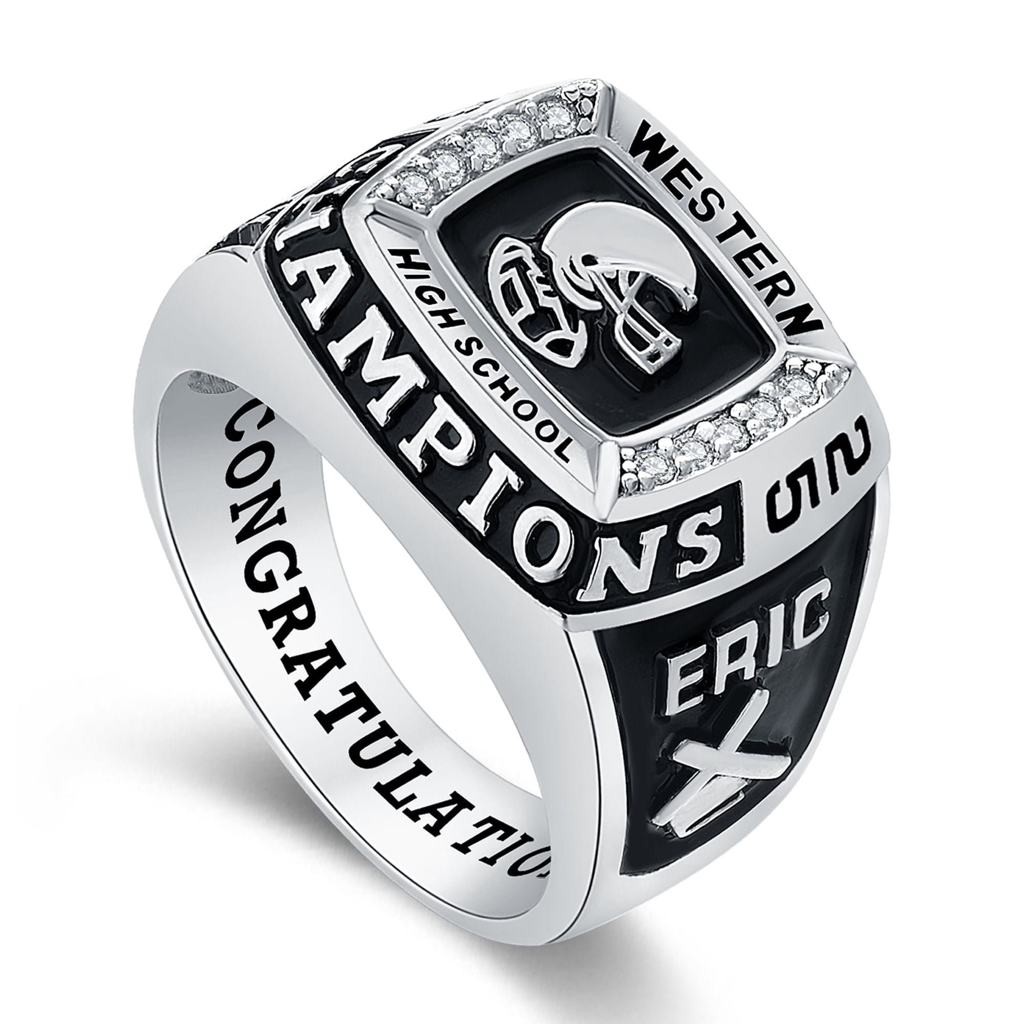 Mementos USA Custom Men's Class Rings Sterling Silver for High School and College-Platinum-Champion