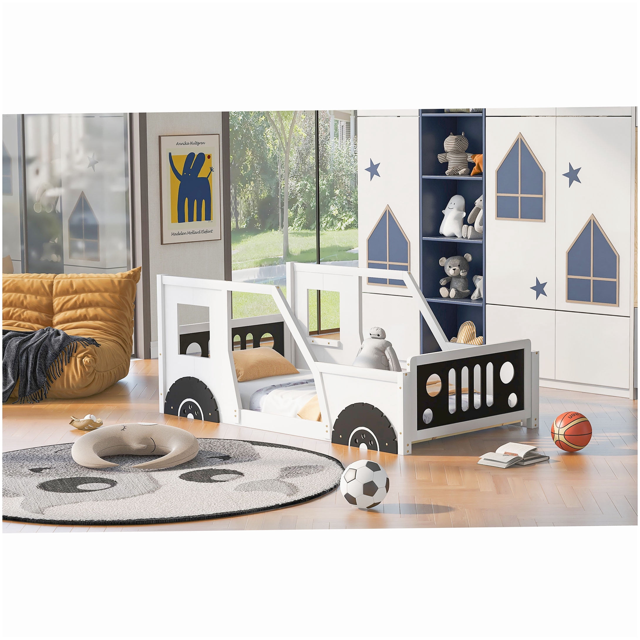 No Box Spring Race Car Bed Frame Twin Size, White Wood Platform with Decorative Wheels