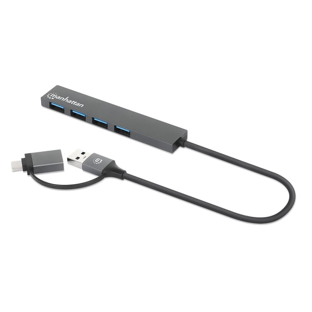 Hub USB Manhattan Gris Espacial con 4 Puertos USB 3.2 Gen 1 y Conector Adaptable USB-A a USB-C