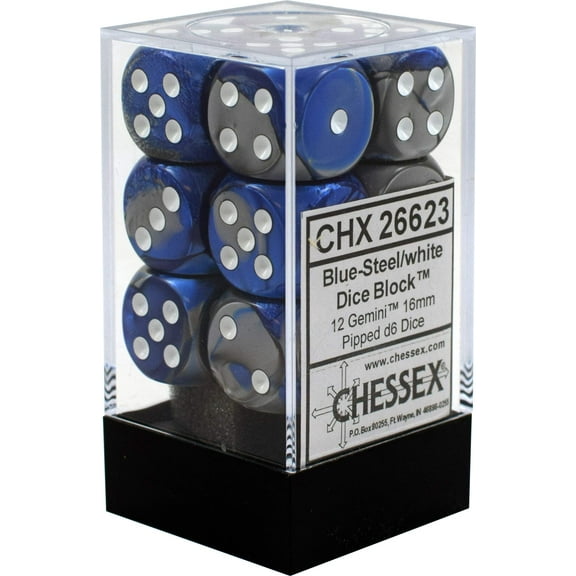 Chessex DND Dice Set D&D Dice-16mm Gemini Blue, Steel, and White Plastic Polyhedral Dice Set-Dungeons and Dragons Dice Includes 12 Dice – D6,CHX26623