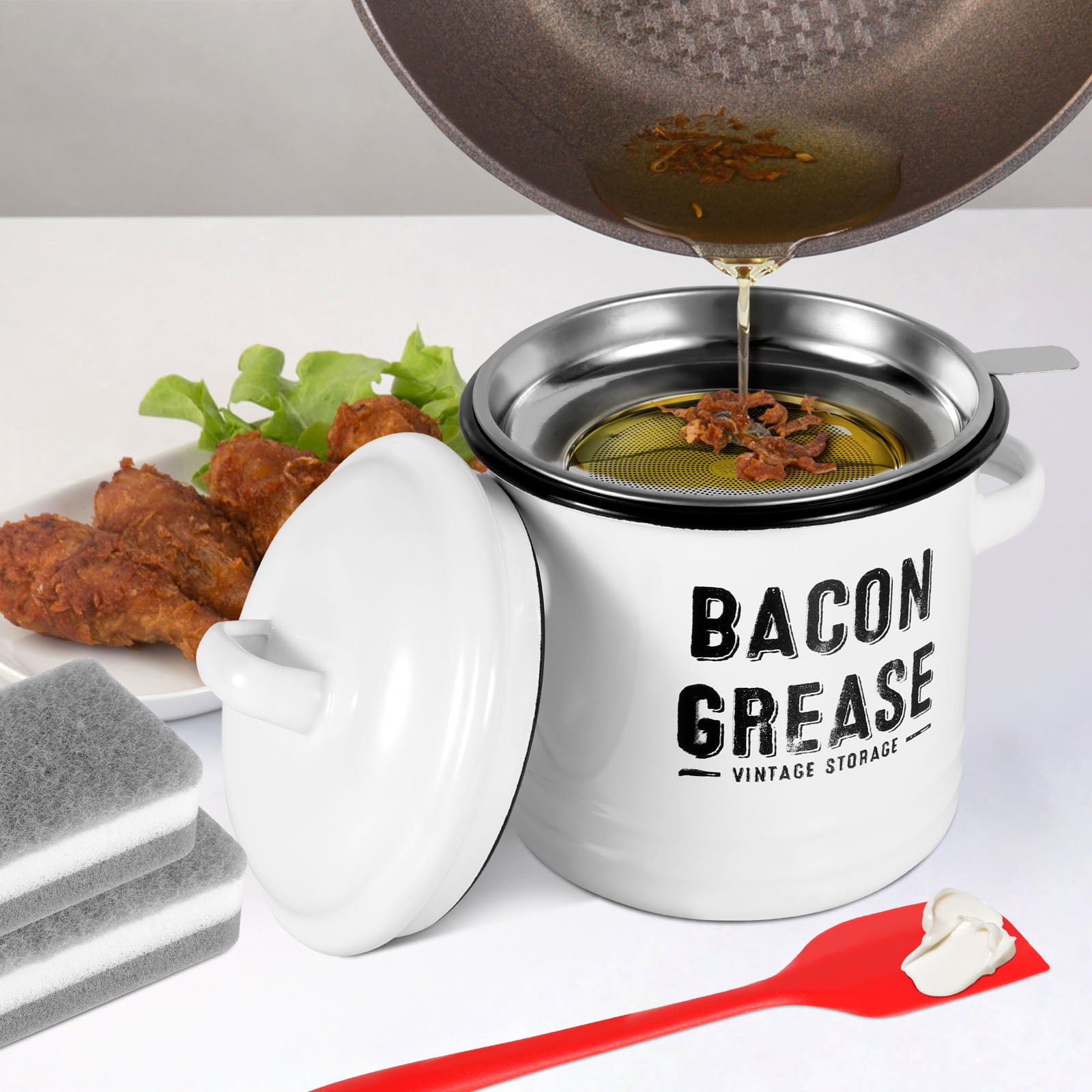 46oz Bacon Grease Container with Strainer with Food Safe Silicone Spatula Bacon Grease Saver Enamel Fat Container Keeper Recipe Dishwasher Safe,White