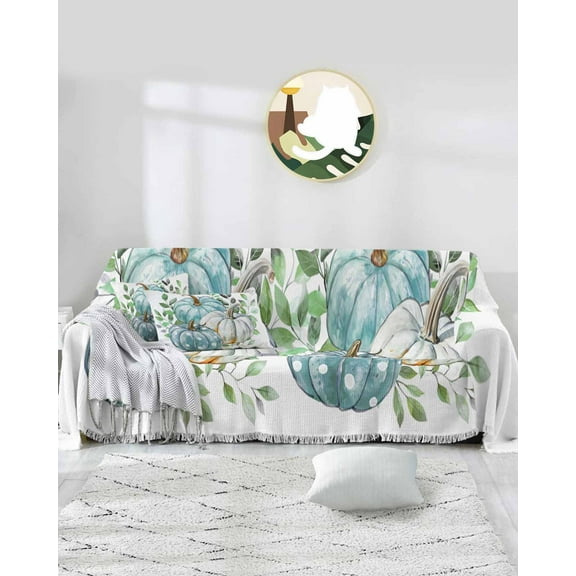 Turquoise Boho Pumpkin Sofa Covers for 3 Cushion,Washable Couch Cover for Sectional Sofa Slipcovers with Tassel,Thanksgiving Fall Green Leaves Loveseat Covers Futon Cover Throw Blanket 71''x118''