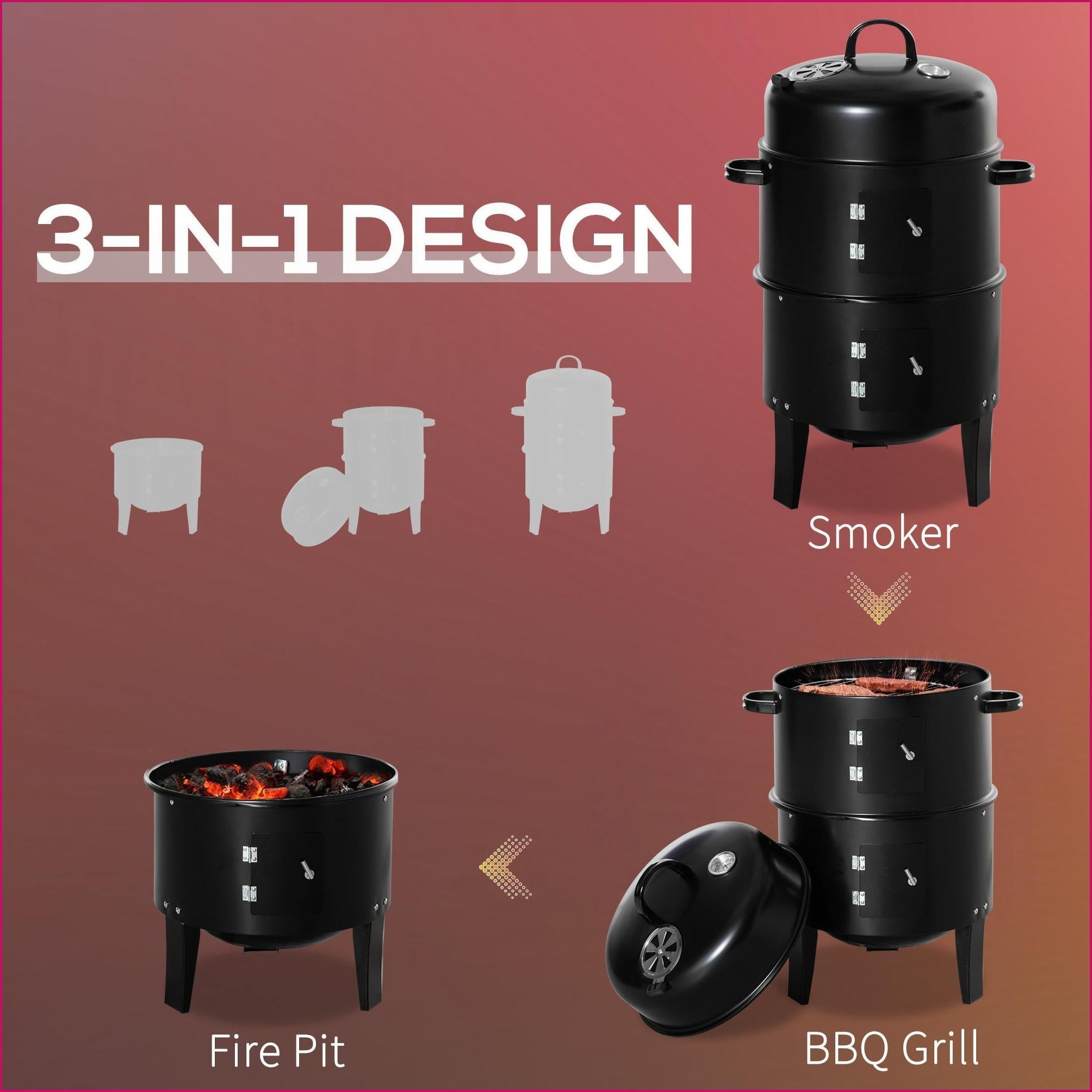 Charcoal BBQ Smoker 3-in-1 Vertical 16” Round Grill with Dual Cooking & Thermometer for Outdoor Camping Picnic Backyard | Black | Metal