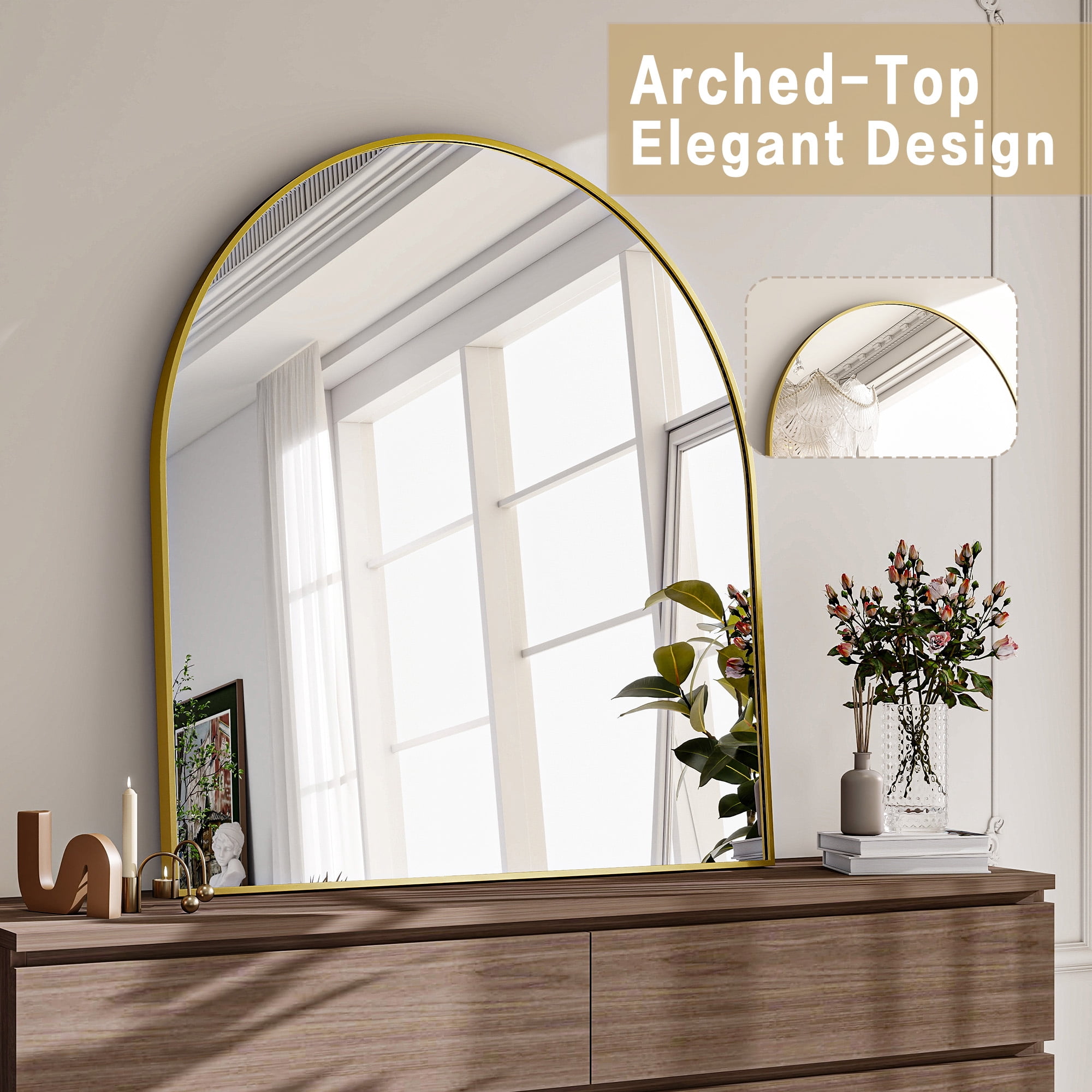 Gleamira 26"x28" Arched Bathroom Mirror Wall Mounted Mirror with Metal Frame, Gold