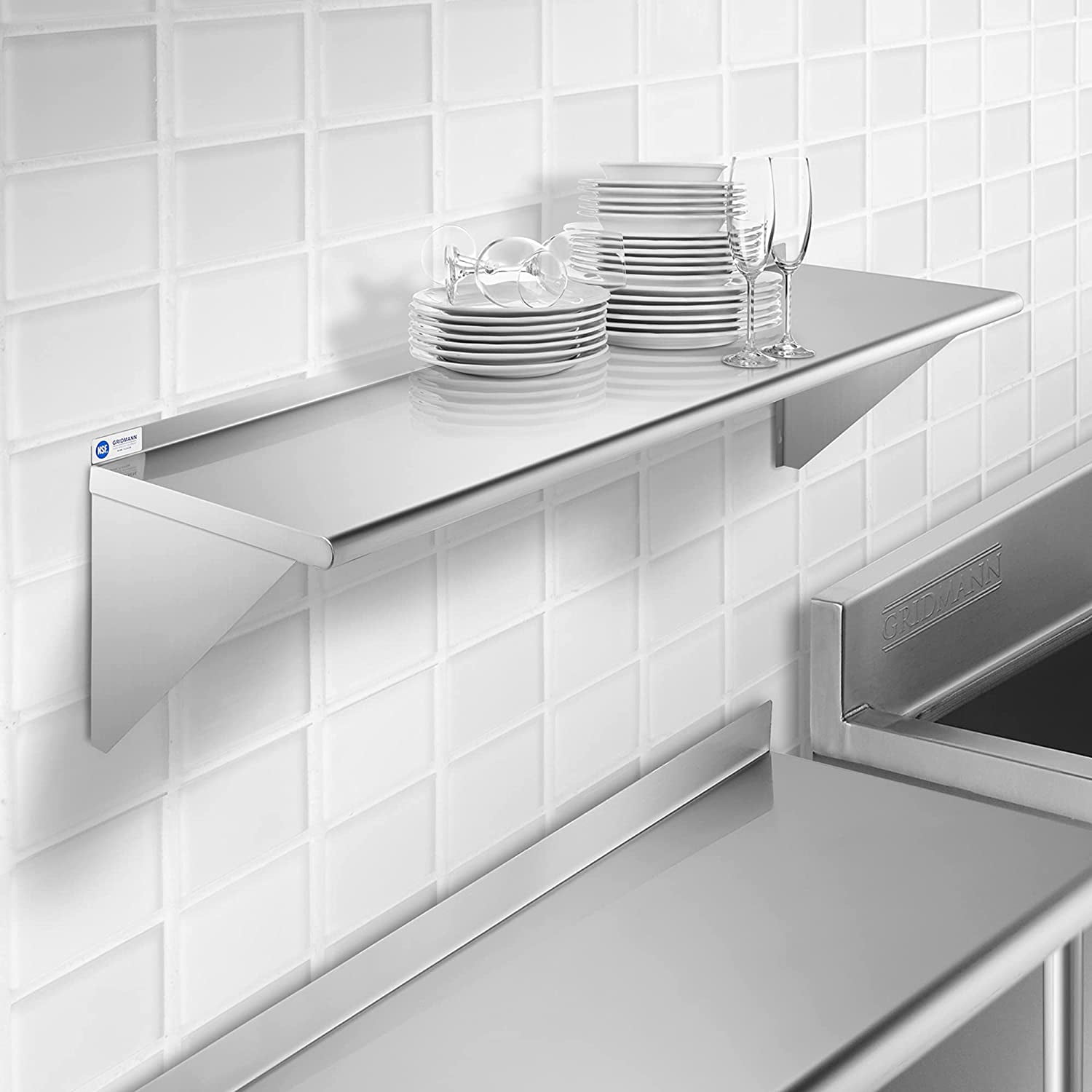 AINUO 12" x 60" Stainless Steel Wall Mount Shelf with Backsplash, NSF Certified 18 Gauge Commercial Grade Floating Shelving for Restaurant, Kitchen, Utility Room, Garage