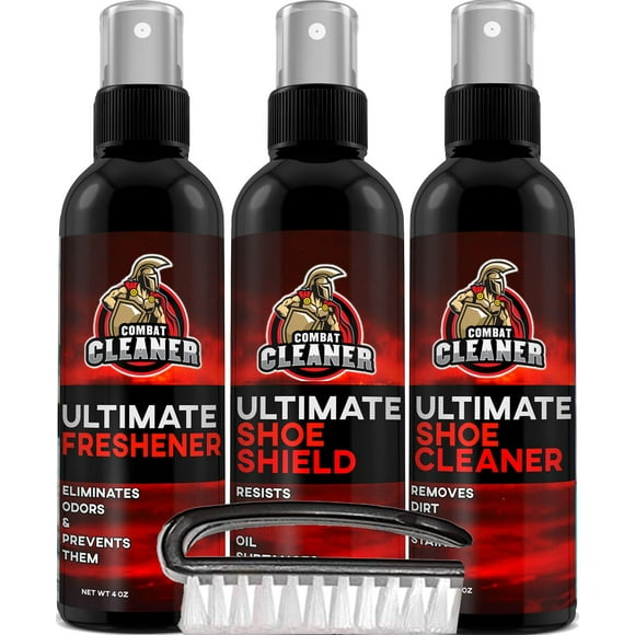 Combat Cleaner Kit de Nettoyage de Chaussures Nettoyant pour Chaussures + Vaporisateur Désodorisant pour Chaussures + Bouclier de Chaussure + Brosse Utilisé pour Espadrilles, Chaussures de Tennis, Cuir, & Suède