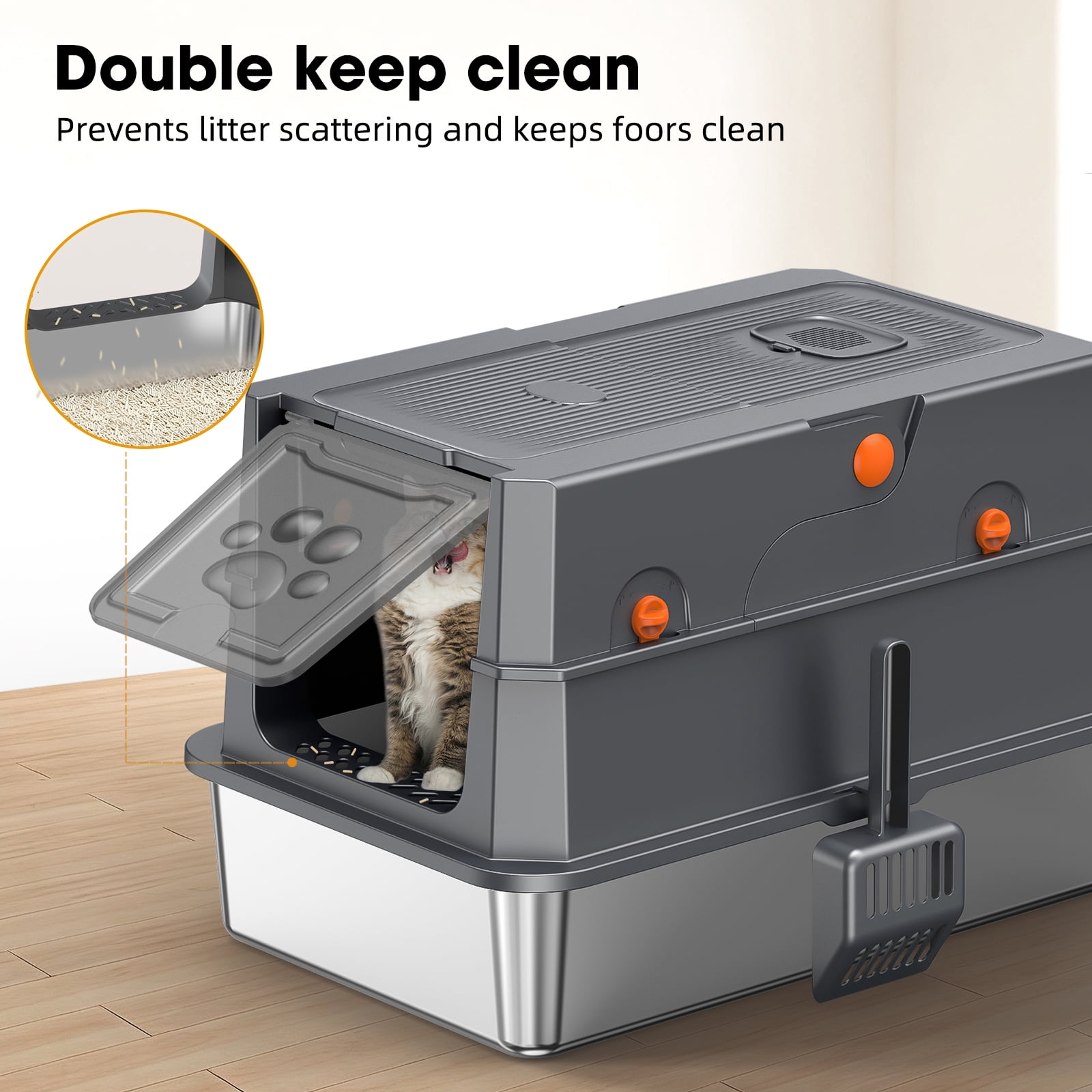 XL Stainless Steel Cat Litter Box with Lid, 3-in-1 Enclosed Litter Box, 23 x 15 Inch Metal Litter Pan for Big Cats, Flip Cover Design, Odor Control with Charcoal Filter, Scoop Included