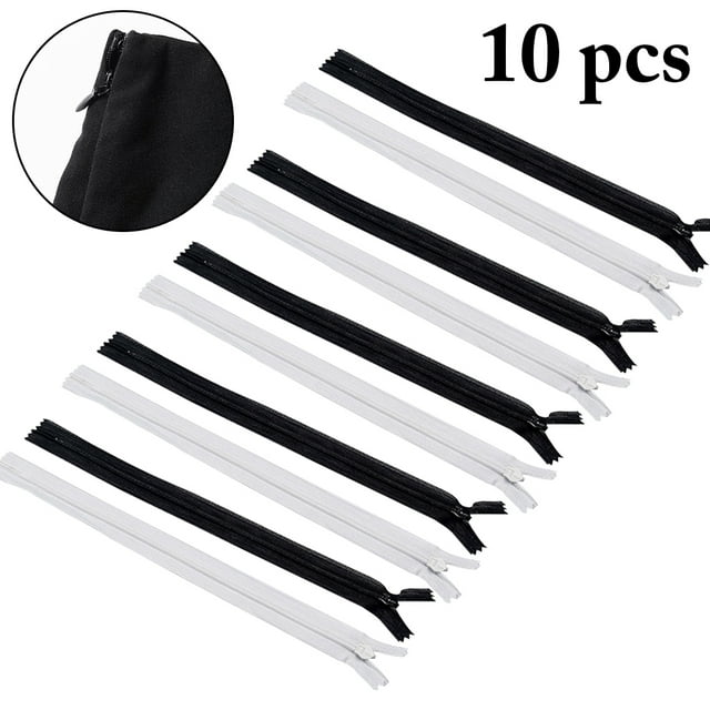 10PCS Invisible Zipper Fashion Nylon Coil Zipper for Sewing Craft, including 10 black and white nylon zippers, each 60cm (23.62in) long. Designed for smooth operation and invisible sewing fasteners, ideal for dresses, skirts, bags, and pillows.