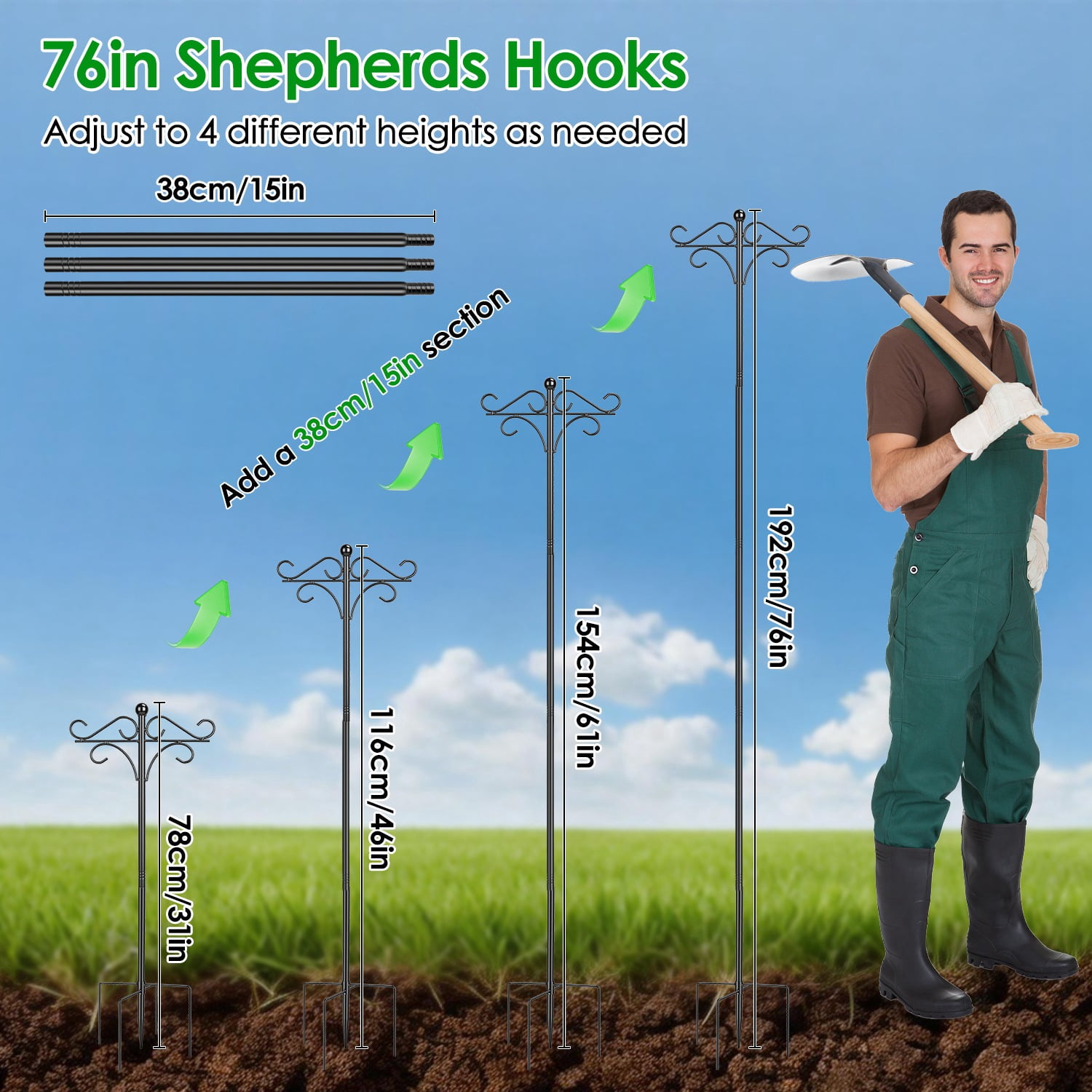 Adjustable Shepherds Hook with 5 Prong Base Dual Sided Hooks Sturdy Iron Garden Hanger for Bird Feeders Lanterns Flower Baskets Black