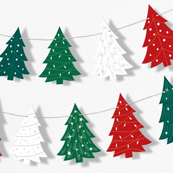 Big Dot of Happiness Christmas Trees Garland Banner, Holiday Party Decorations Backdrop, 30 Feet of Cord, 15 Paper Christmas Tree Shapes Double-Sided