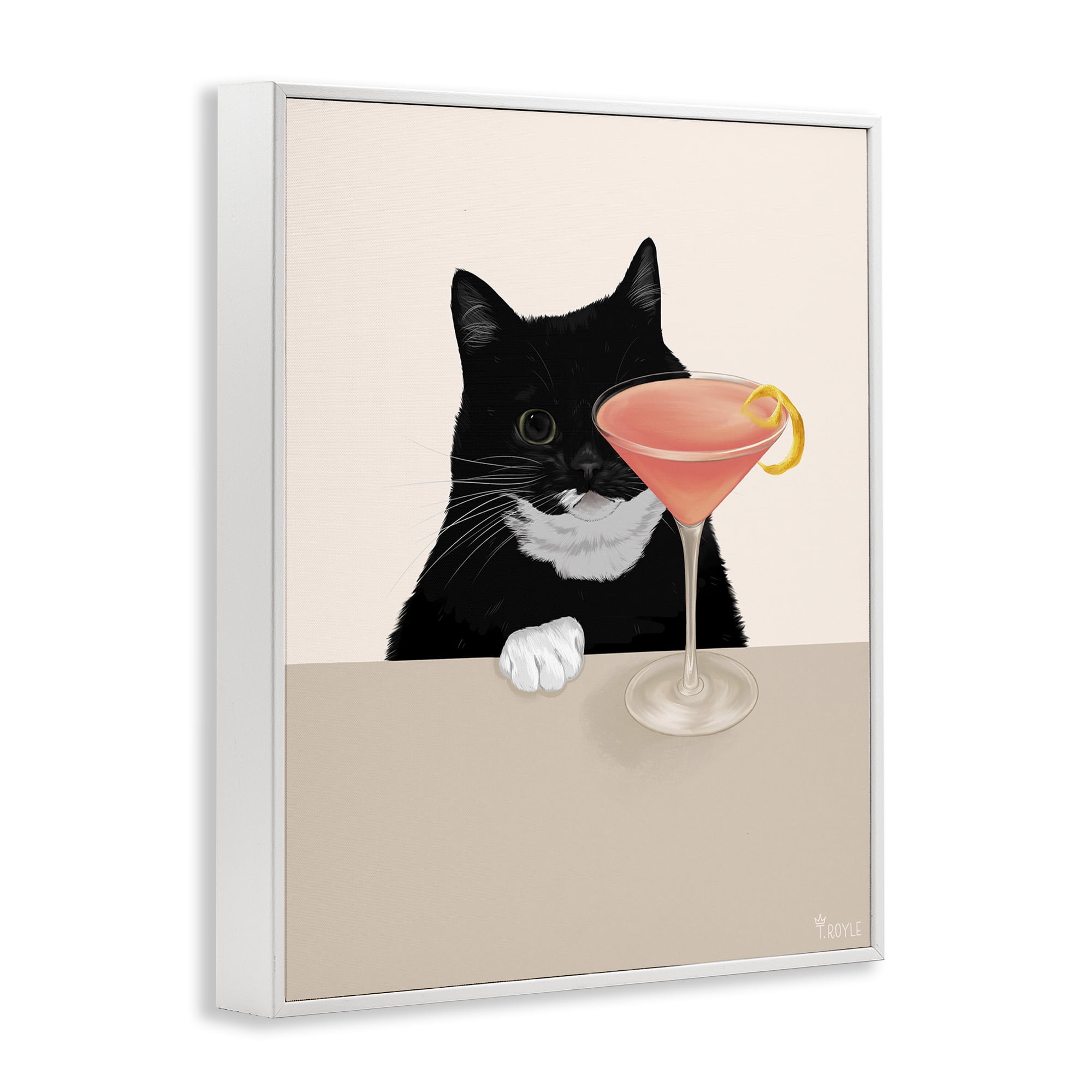 Stupell Industries Cat & Pink Cocktail Food & Beverage Painting White Framed Art Print Wall Art, 24 x 30