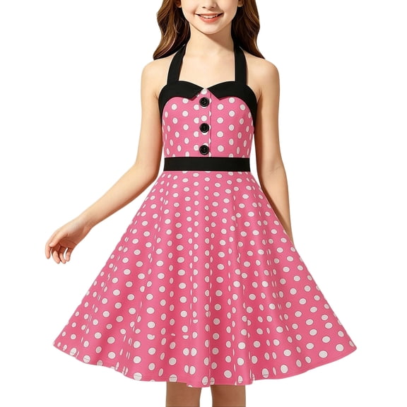 Girls Pink Polka Dot Halter Dress 1950s Vintage Rockabilly A-Line Summer Party for Kids 5-12,Size XL