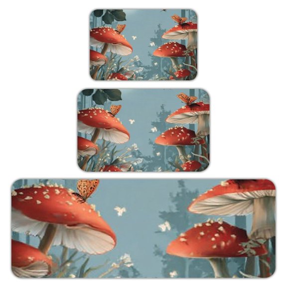 RKSupls Kitchen Rug Set 3 Piece Anti-Slip Flannel Floor Mats, Mushroom Forest Washable Absorbent Runner Mats for Kitchen Bathroom Home Decor