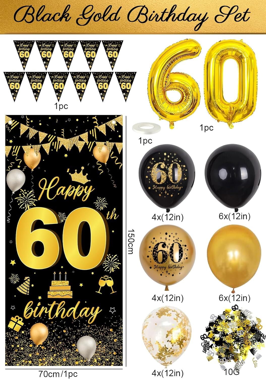60th Birthday Decorations Black & Gold Set - Balloons & Banner Party ...