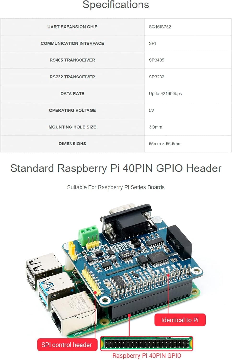 Isolated RS485 RS232 Expansion HAT Board for 4B/3B+/3B/2B/Zero/Zero 2 W/Zero 2 WH, SPI Control Onboard Protection Circuits