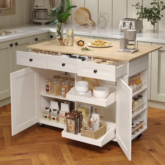 Rolling Kitchen Island Cart with Drop Leaf, Portable Breakfast Bar with 3 Drawers, Power Outlet, Storage Cabinet, Spice Rack & Towel Bar, Portable Islands on Wheels