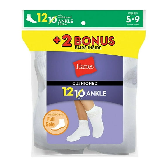 Hanes Women`s 12-Pack Cushion Ankle Socks, Size 5-9, White