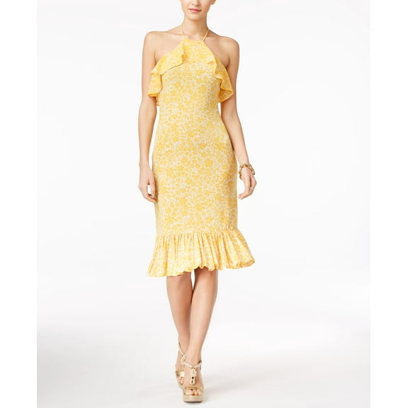 Michael Michael Kors Petite Printed Flounce Halter Dress Taxi Yellow PM