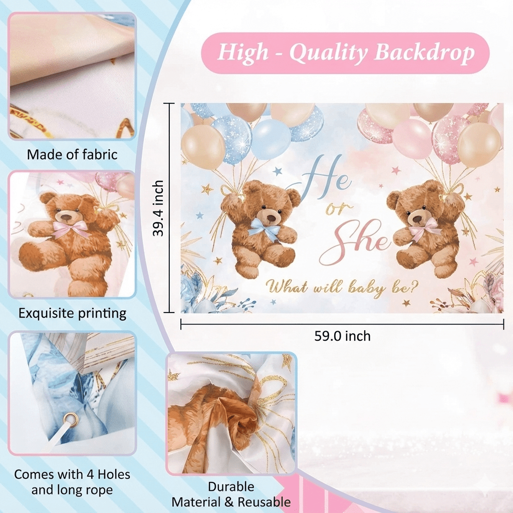 Happy Greetings Gender Reveal Party Decoration Kit Bear Backdrop Pink Blue Balloon Garland 4pcs Baby Box with Letters
