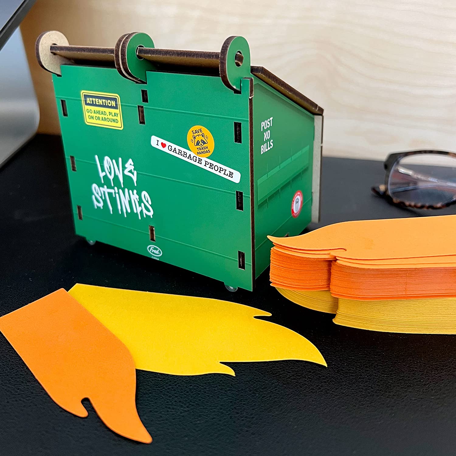 Desk Dumpster Pencil Holder with 100+ Flame Note Cards, Funny 3-Compartment Organizer for Office Supplies, Desk Caddy for Work or Home
