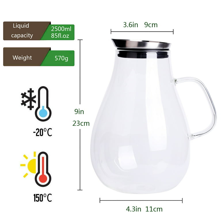 2.5 Liter Glass Pitcher with Lid 3/5 Gallon Ice Tea Pitchers 2.6 Quart Glass Water Jug/Carafe with Handle for Boiling Liquid Hot/ Cold Tea Juice.