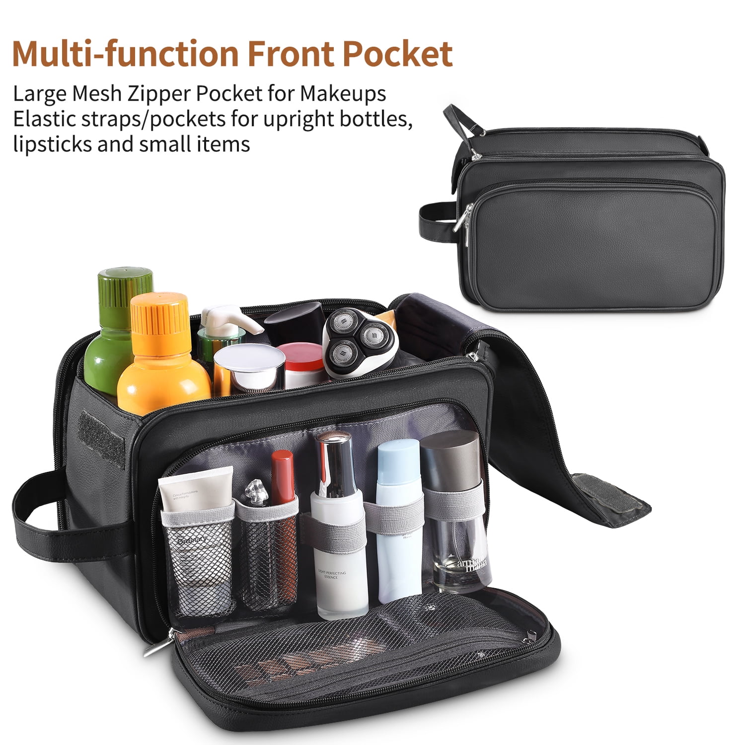 Large Capacity Toiletry Bag for Men, Leather Hanging Toiletry Organizer Cosmetics Makeup Bag, Black