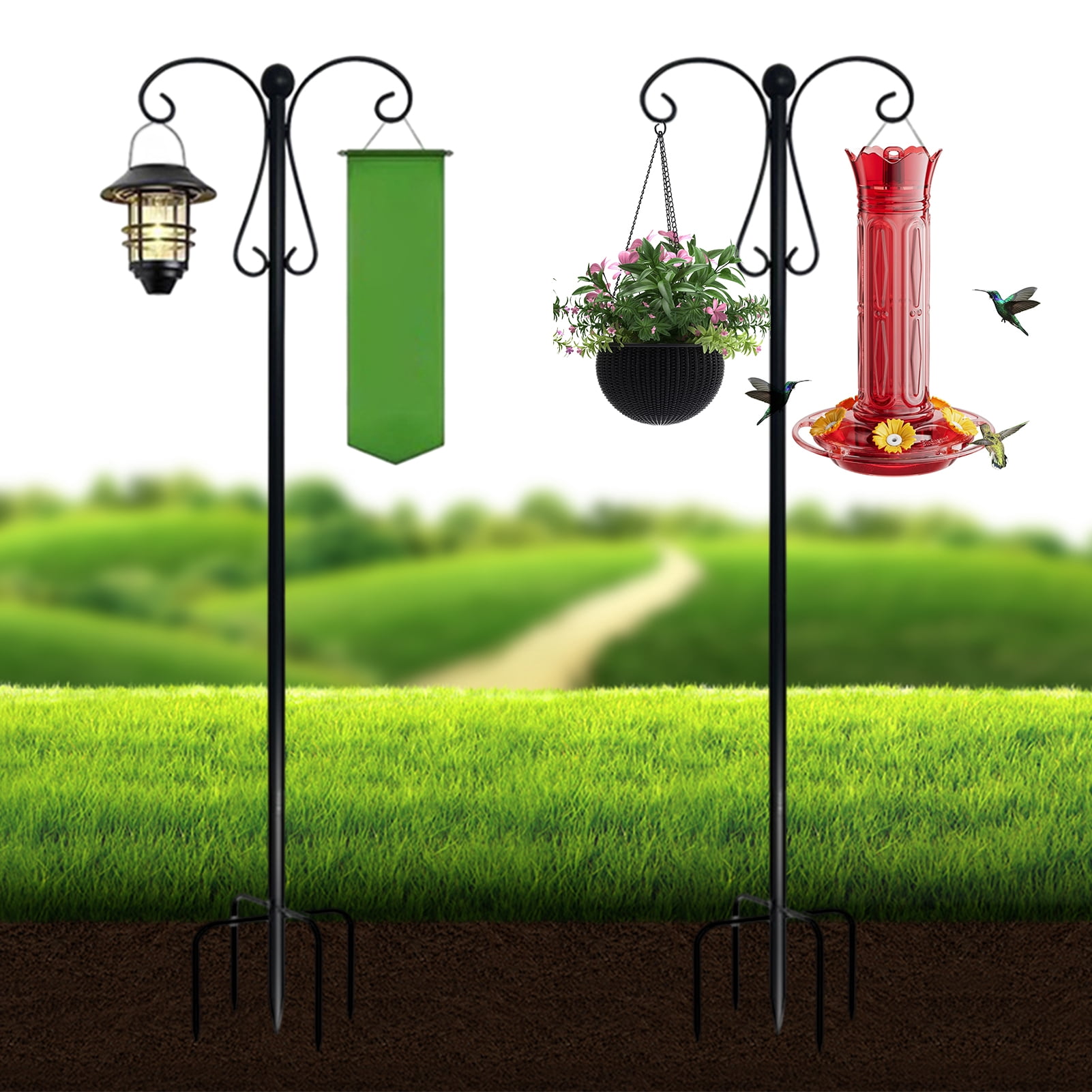 OIUR Outdoor Shepherd Hook Double Hooks Heavy Duty Bird Feeder Pole Shepherd Hook with 5-Prong Base for Hanging Plants Lanterns Wind Chimes