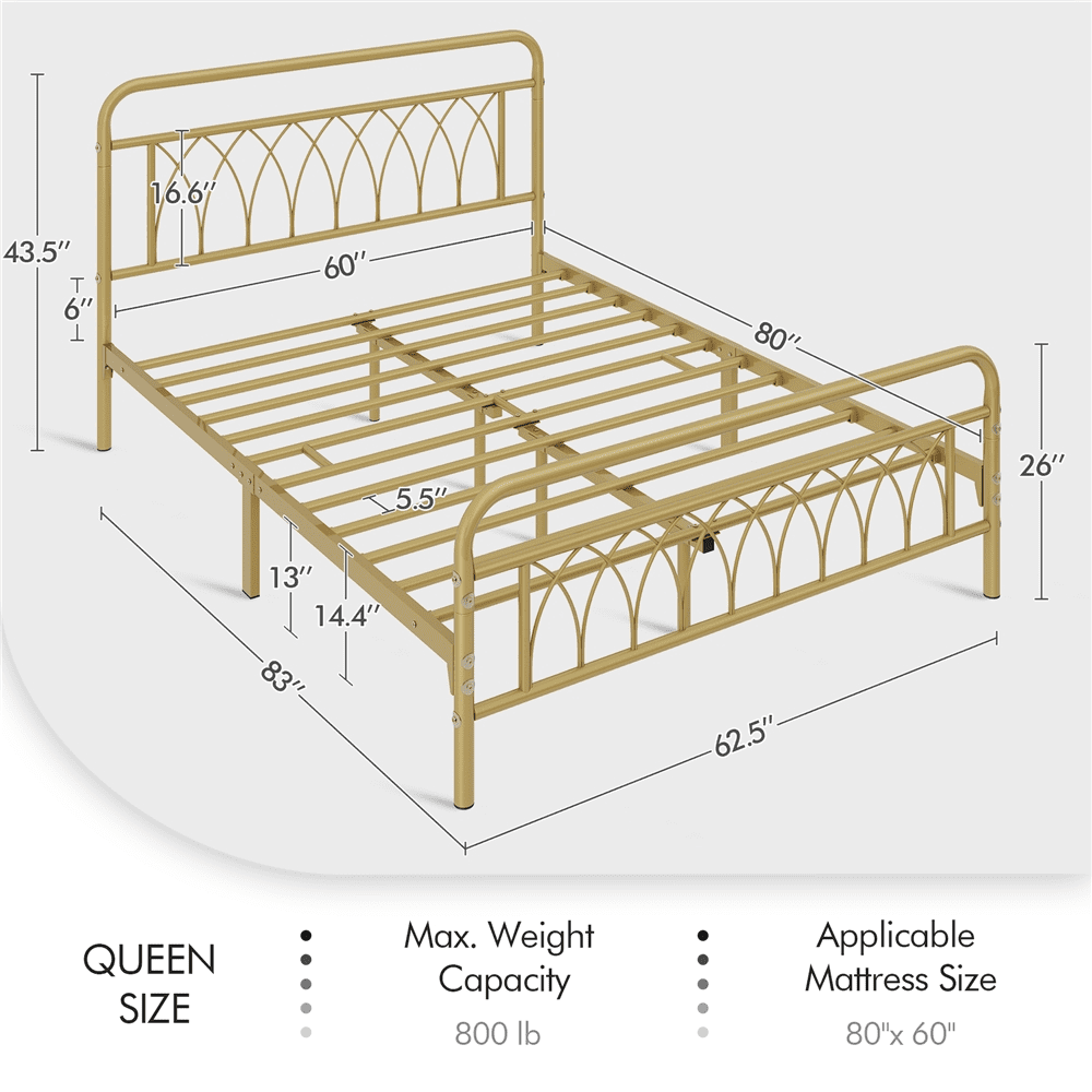 Alden Design Metal Platform Bed Frame with Headboard and Footboard, Queen, Antique Gold