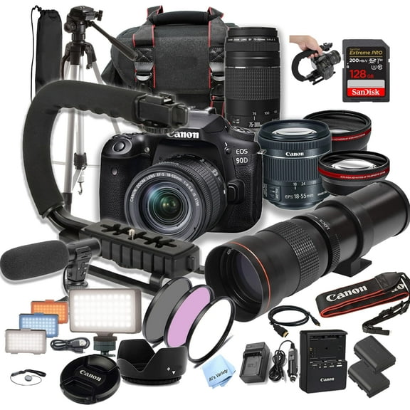 Canon EOS 90D w/ 18-55mm STM, 75-300mm, 420-800mm Super Telephoto Lens, 128GB SD Card and More (International Version)