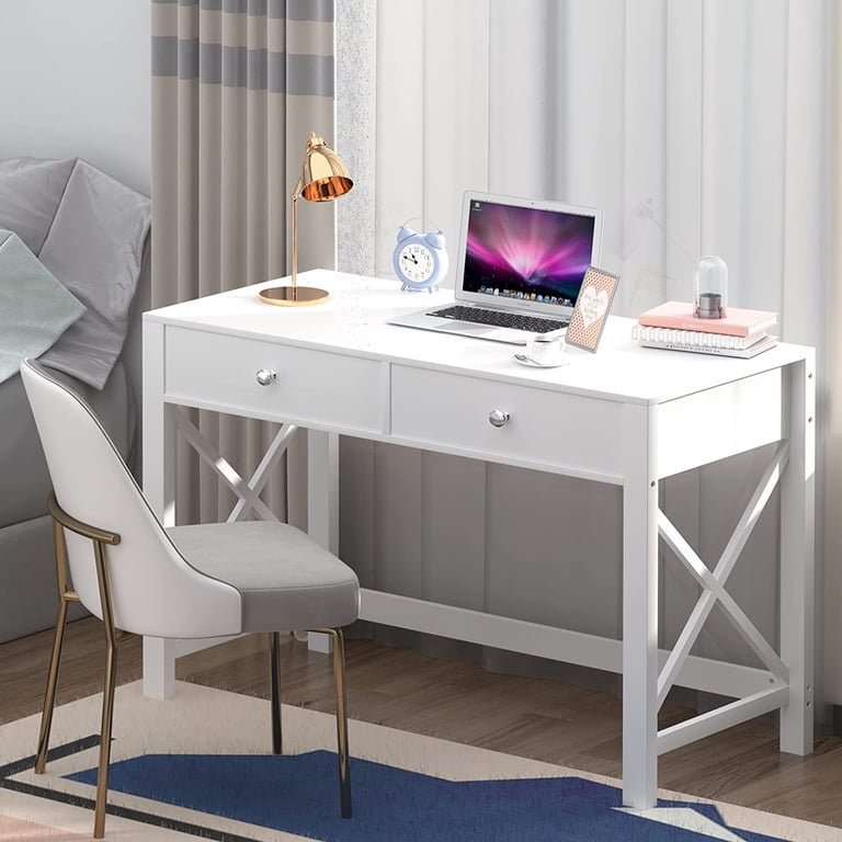 Scrivania Bianca Con 2 Cassetti - 100x48,3x76 Cm, In MDF, Per Camera, Ufficio, Studio O Trucco, Design Moderno