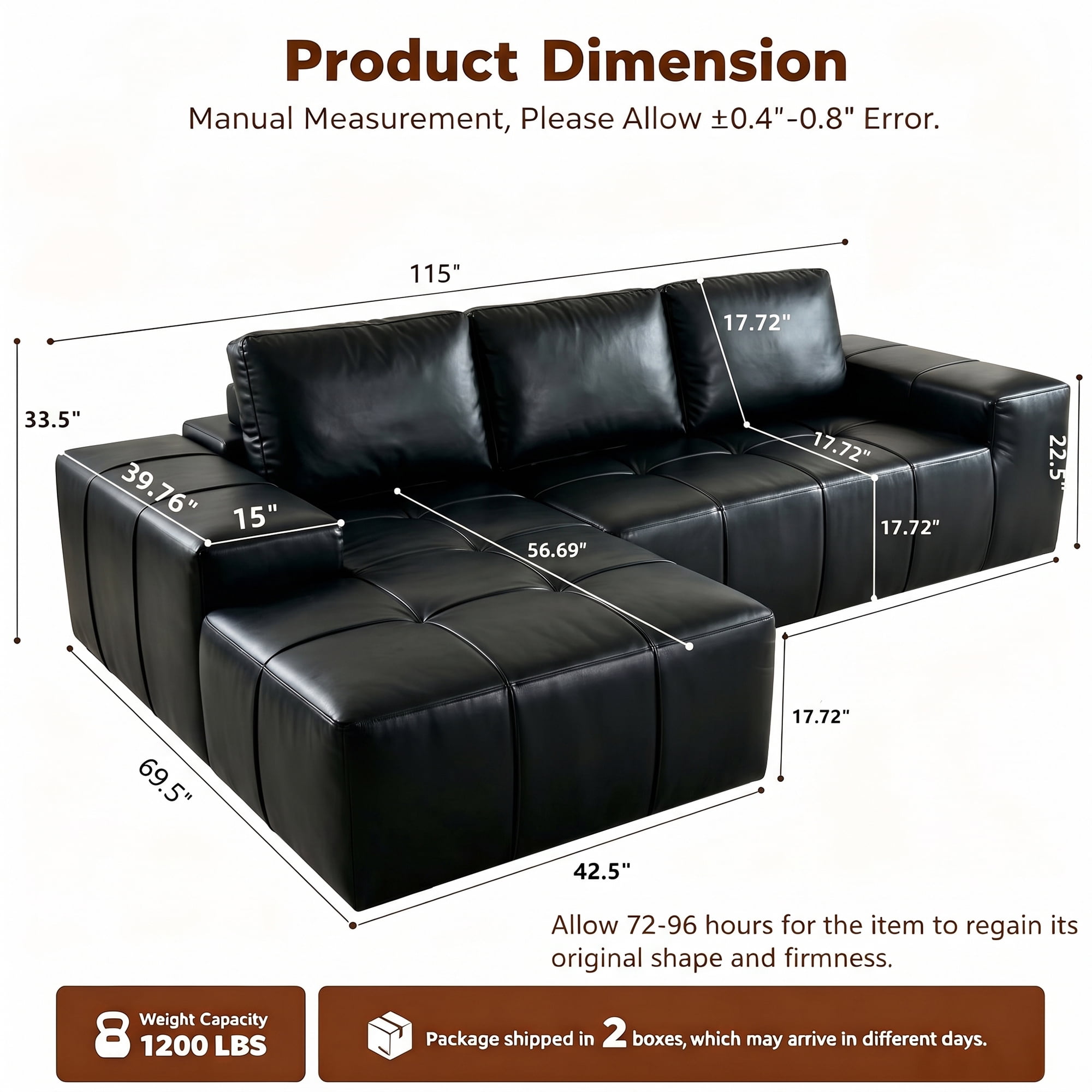 Aukfa 115" Leather Cloud Sectional Sofa Oversized Boneless Couch Modular L-Shaped Sofa for Living Room, Left Chaise, Black