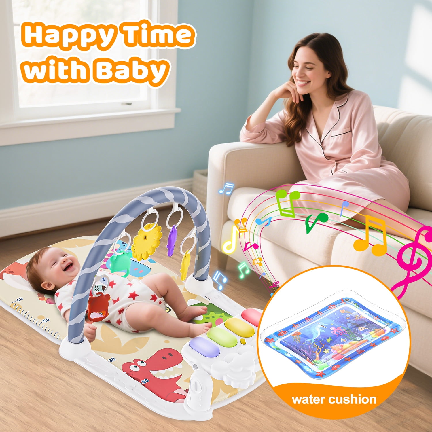 WonderStone Baby Gym Playmat for Infant,Tummy Time Water Mat with 5 Infant Sensory Baby Toys & Musical Piano Activity for 0-36 Months Boys Girls，Yellow