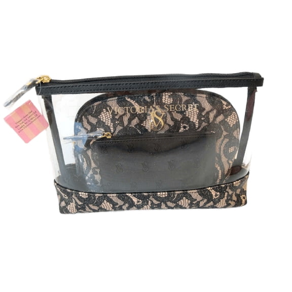 Victoria's Secret Clear Black Lace Print Cosmetic Makeup Bag 3 Piece Set New