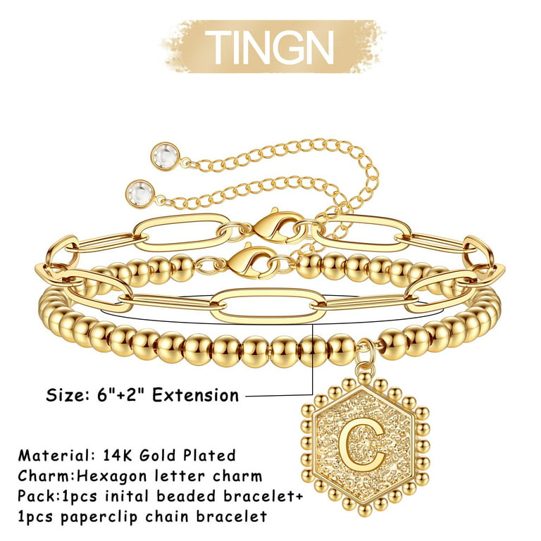 Tingn Gold Initial Bracelets for Women Girls 14K Gold Plated Handmade Letter Bead Bracelet Personalized Initial Gold Bracelets for Women Teen Girls