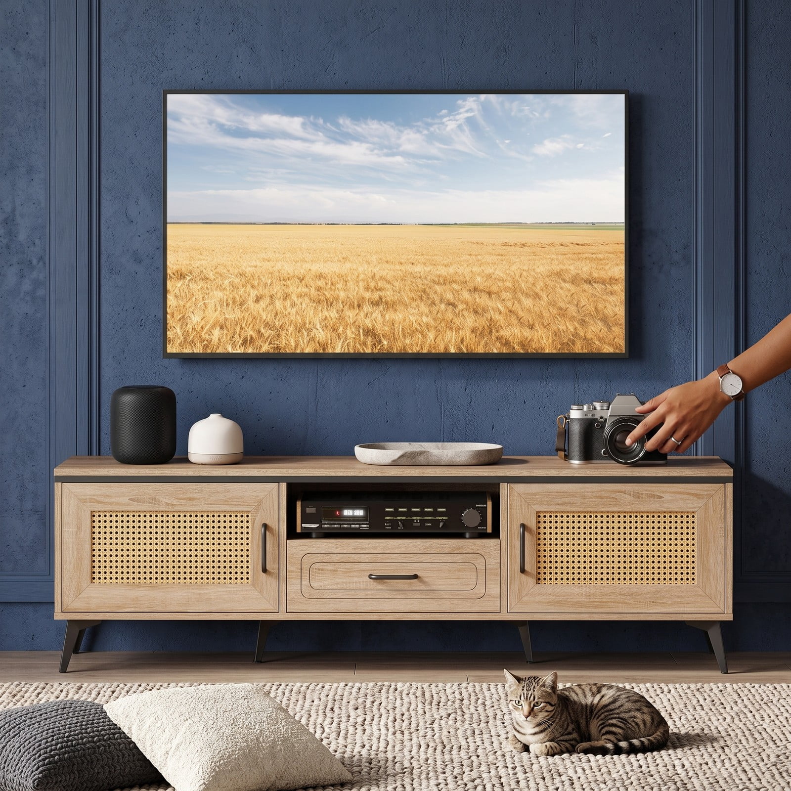 Furnibear Mid Century Modern Entertainment Center TV Stand for 65 Inch TV with 2 Cabinets, Storage Drawer and Cable Management, Faux Rattan Media Console with, Oak