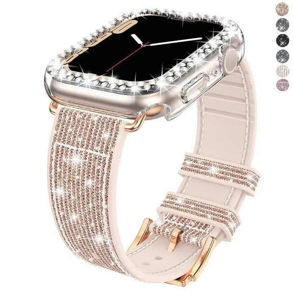 Compatible with Apple Watch Band 38mm with Case Women ,Blingbling Leather and Silicone Band with Diamond Case (without screen protector) for iWatch Series 3 2 1