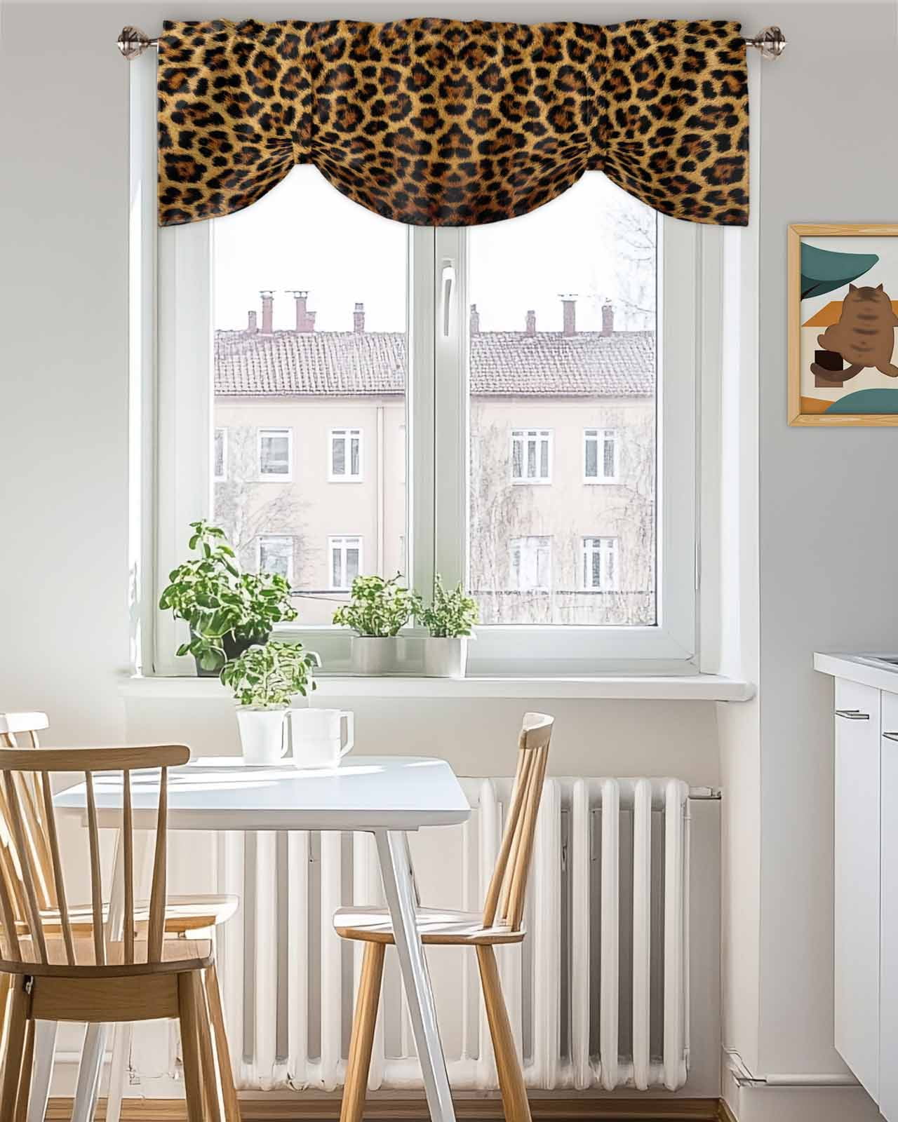 Retro Leopard Tie Up Valances Curtain, Adjustable Kitchen Abstract Classic Texture Decoration Valances for Windows Decor, Rod Pocket Short Curtains Set for Bedroom/Bathroom, 54"x18"