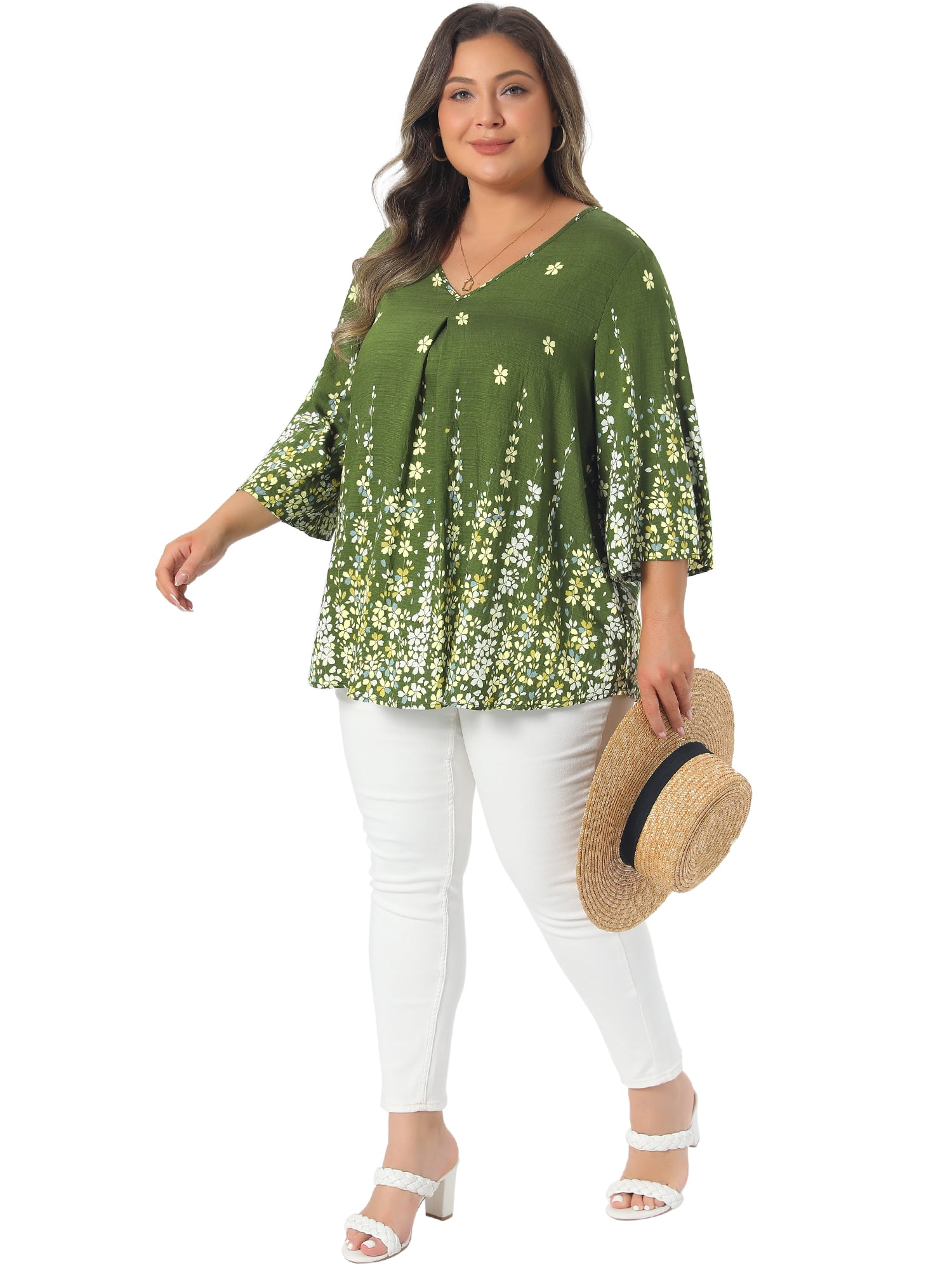 DARING DIVA Women's Plus V Neck Boho Floral Top Vacation 3X Green