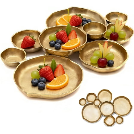 Cluster of 9 Round Serving Bowls, Multiple Bowls for Olives, Chip & Dip, Nuts, Retro Gold Finish, Aluminum Base, Home Party & Weddings Decor, Christmas Anniversary Accessories