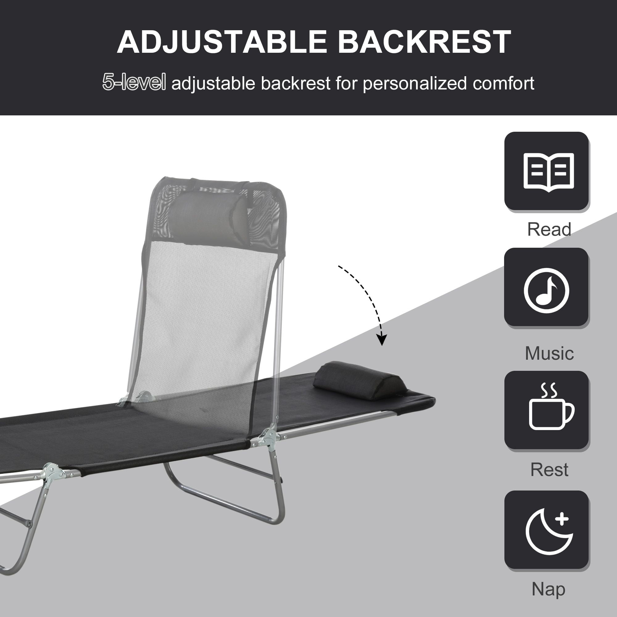 Folding Chaise Lounge Chair, Portable 6-Level Adjustable Back, Pillow Included, Ideal for Patio, Garden, Beach