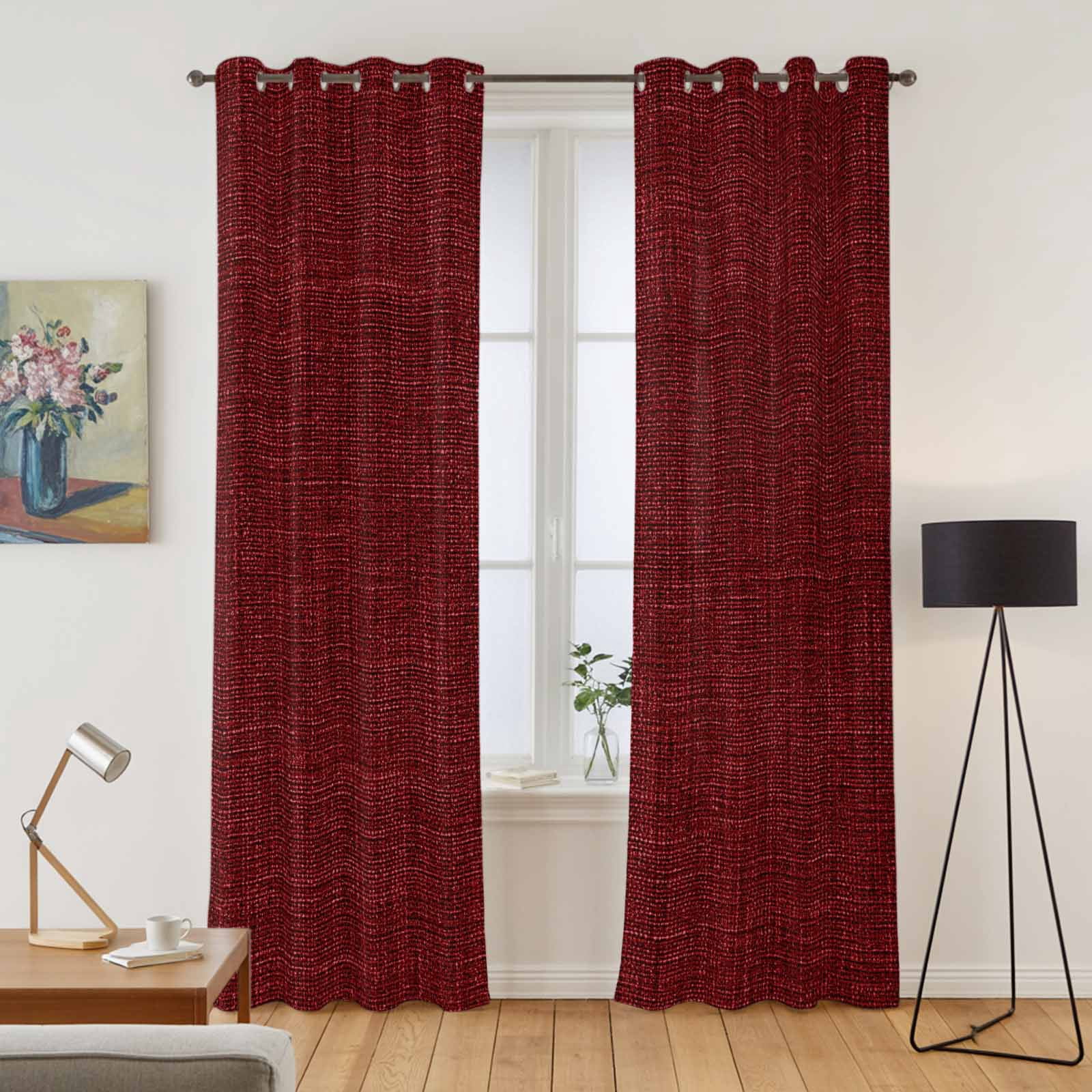 Kitchen Curtains 84 Inch Length 2 Panels, Vintage Dark Red Grommets Window Treatment Curtain, Farmhouse Retro Solid Color Linen Texture Thermal Curtains Drapes for Living Room/Bathroom