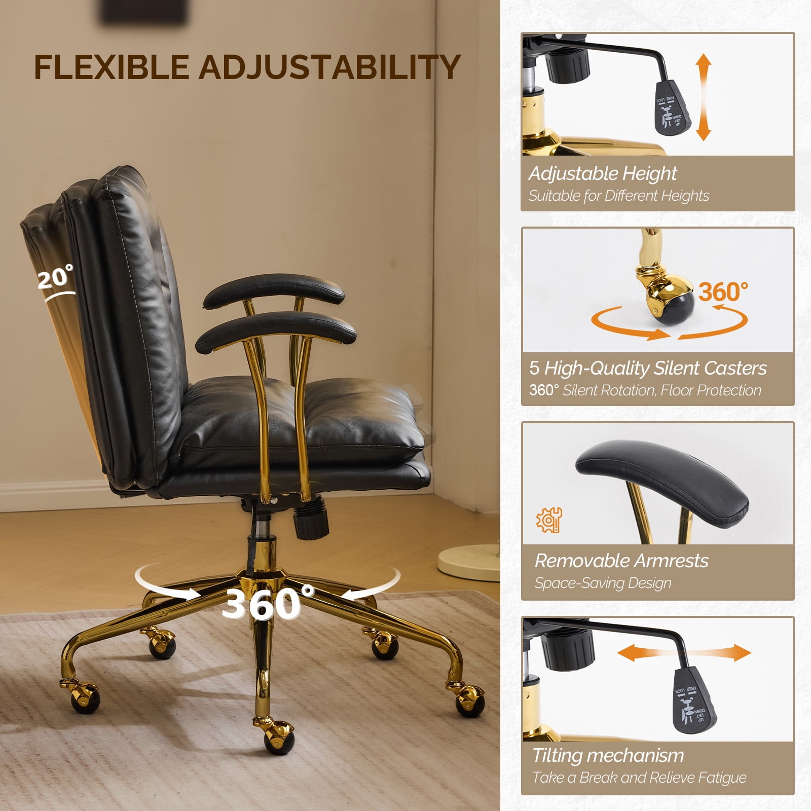 Ktaxon Office Chair High Back Study Chair PU Leather Adjustable Swivel Vanity Chair with Padded Armrests for Conference and Home Black