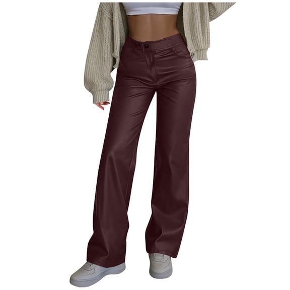 XFLWAM Faux Leather Pants for Women High Waist Button Straight Leg Pants Casual Loose Stretch PU Wide Leg Trousers with Pockets
