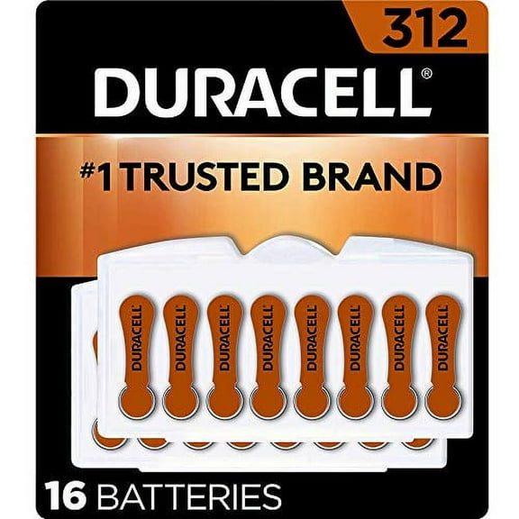 Duracell Hearing Aid Batteries Brown Size 312, 16 Count Pack, 312A Size Hearing Aid Battery with Long-lasting Power, Extra-Long EasyTab Install for Hearing Aid Devices