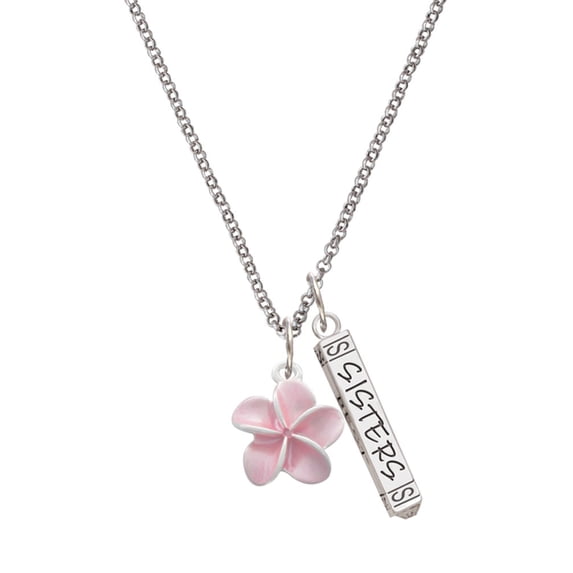 Delight Jewelry Silvertone Pink Plumeria Flower Silvertone Sisters Best Friends Forever Bar Charm Necklace, 23"