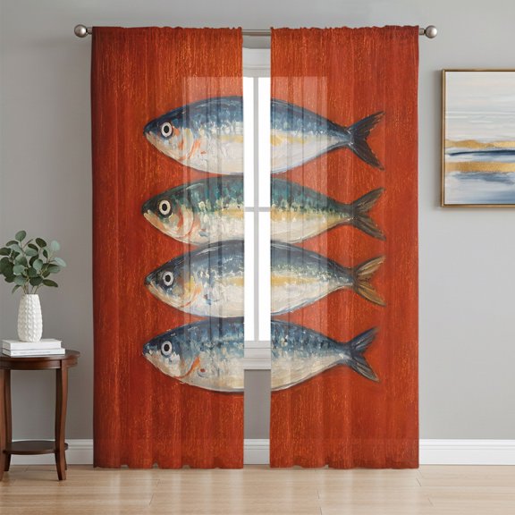 Red Fish Coastal Sheer Curtains 96 Inch Length 2 Panels Set, Nautical Summer Ocean Vintage Art Voile Window Treatment Semi Sheer Long Curtains Drapes for Bedroom/Living Room/Kitchen 52"x96"x2